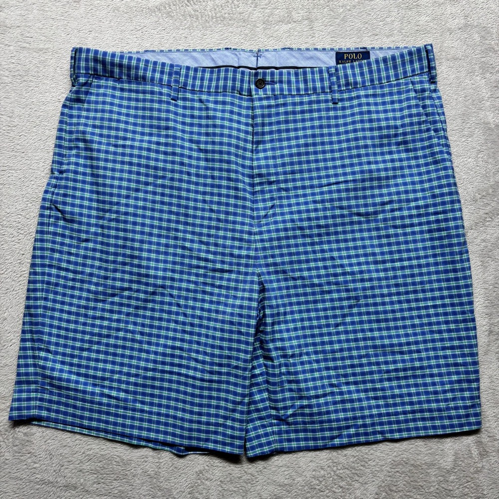Polo Ralph Lauren Shorts Mens 42 Stretch Classic Fit Blue Plaid EUC Cotton Blend